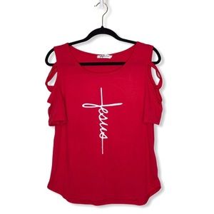“Yiqiaohui-“Jesus” Tee w/cold shoulder sleeve-EUC-Sz Large